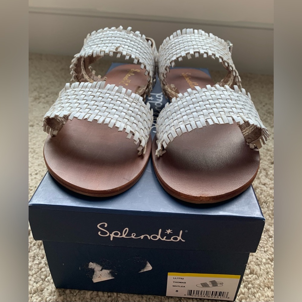 Women white woven adjustable strap, round toe, block heel buckle leather sandals